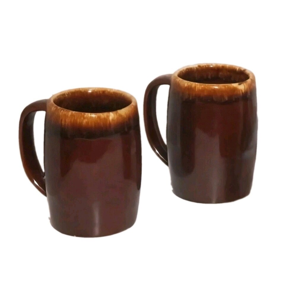 Pioneer USA Pottery Dripware Mug Ohio 4 Finger Grip Earth Tone Glaze 2Pc Set Vtg